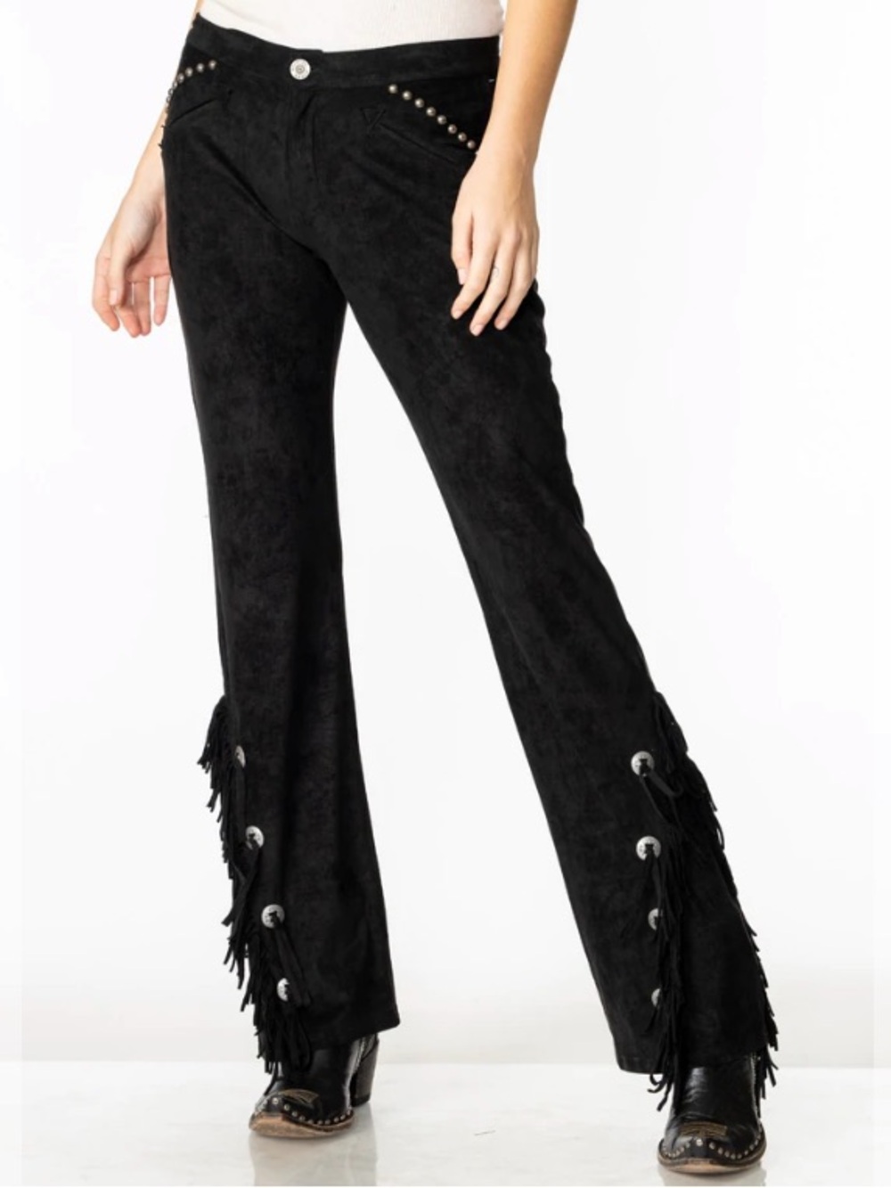 NWT Double D Ranch Wear Black Fringe Suede-Look Flared Pants
